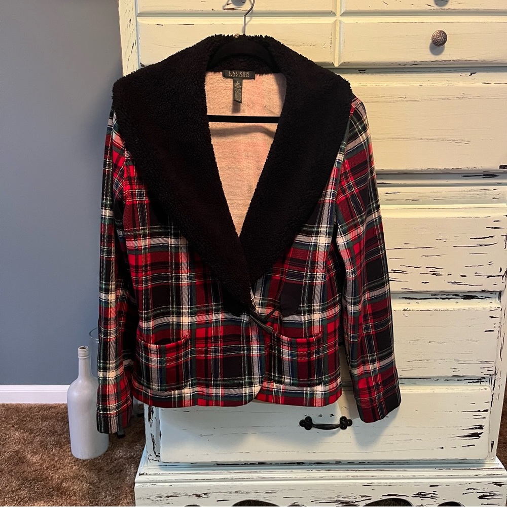 Lauren Ralph Lauren Red and Black Plaid Shawl Collar Blazer